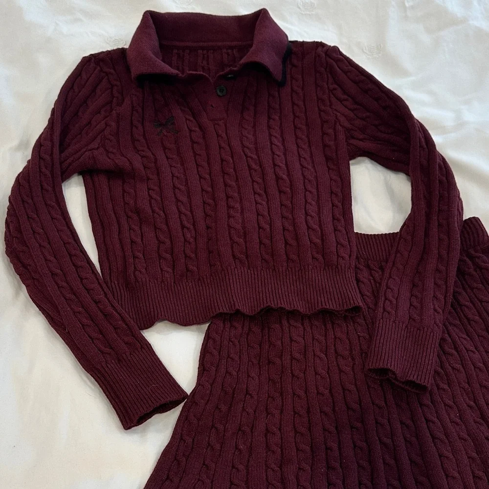 Elegant Burgundy Cable Knit Skirt Set